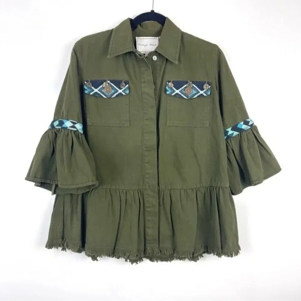 Anthropologie Beautiful Stories Green Aztec Fringe Boho Inika Jacket Size XS